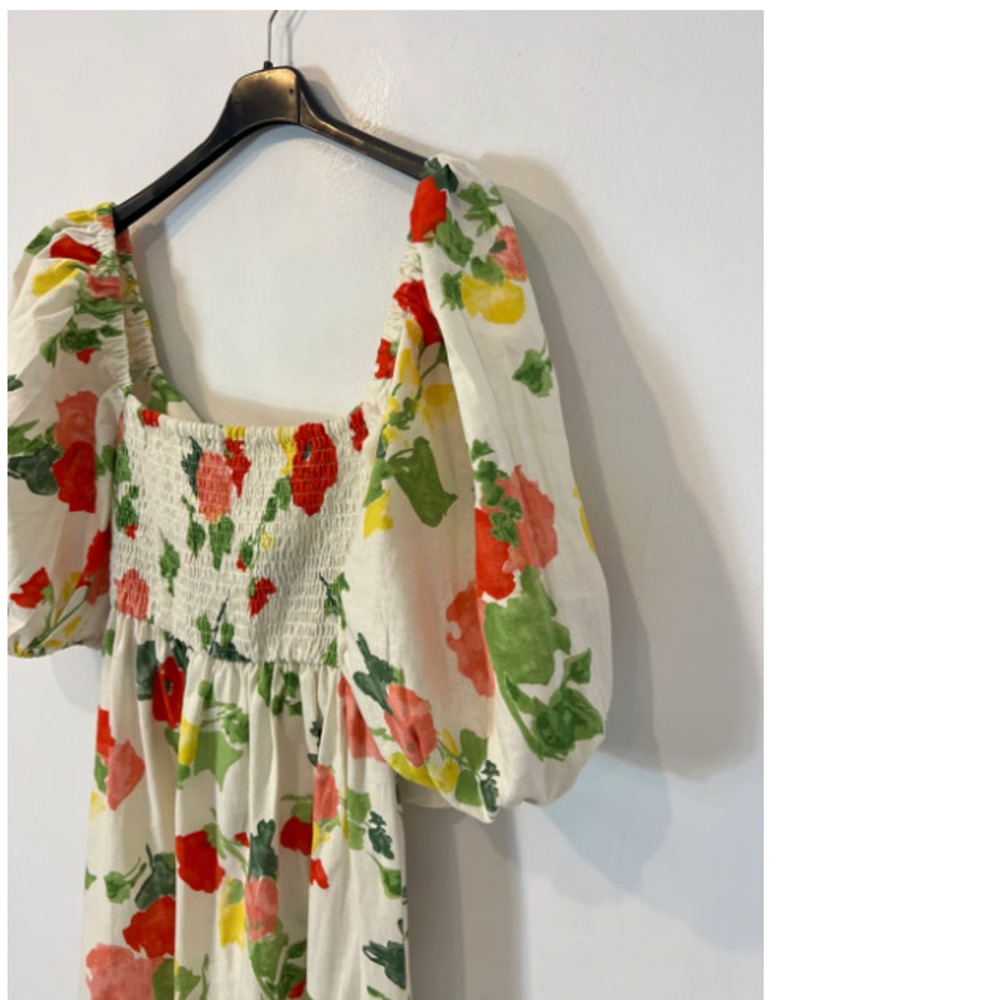 Sezane 4 Carlotta Linen Puff Sleeve Maxi Dress $450 Floral Poppy Square Neck 36 - Picture 10 of 13
